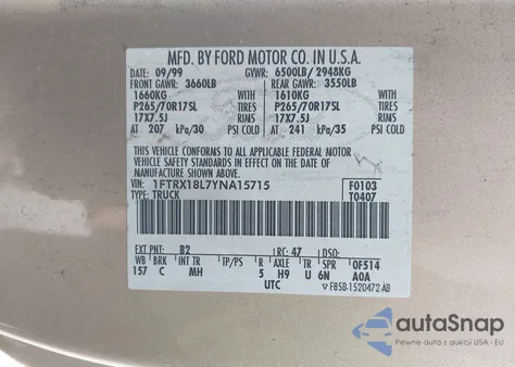 2000 Ford F-150 Lariat/Work Series/Xl/Xlt z USA, uszkodzony, nr VIN 1FTRX18L7YNA15715